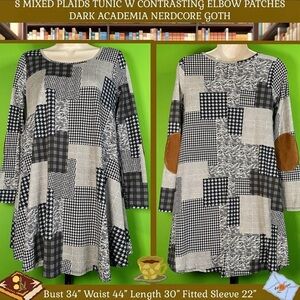 GUC S MIXED PLAIDS TUNIC W CONTRASTING ELBOW PATCHES DARK ACADEMIA GOTH~CELESTE